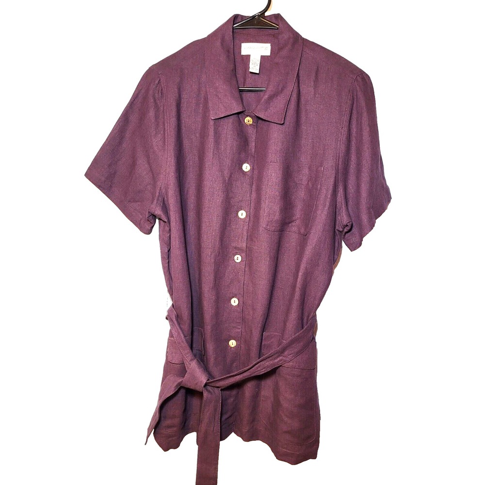 Amanda Smith Petites Eggplant Linen/Rayon Button Up Short Sleeve Top Tie‎ 14P